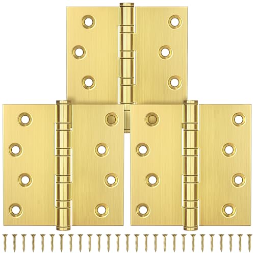 KOLET Ball Bearing Brushed Gold Door Hinges 4 x 4 Inches Brass Gold Door Hinges Square Corner Stainless Steel Hinges Heavy Duty Smooth and Non Removable Pin Brushed Gold 3 Pack