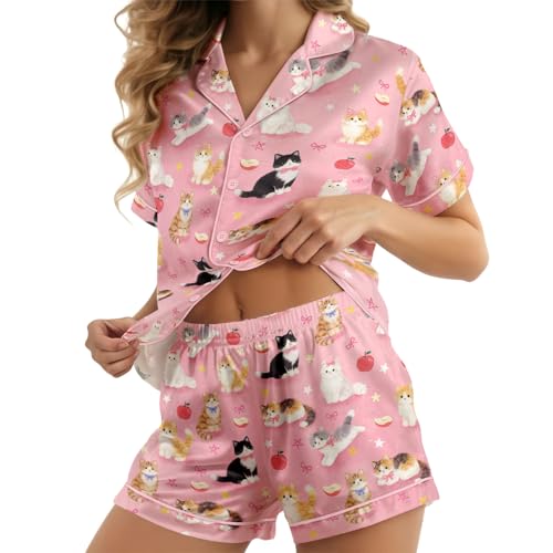Image of HUNTFAMI Womens Soft Silky Satin Pajamas Set, 2 Pcs Sleep Short Pajamas for Mom and Grandma Button Down Summer Loungewear