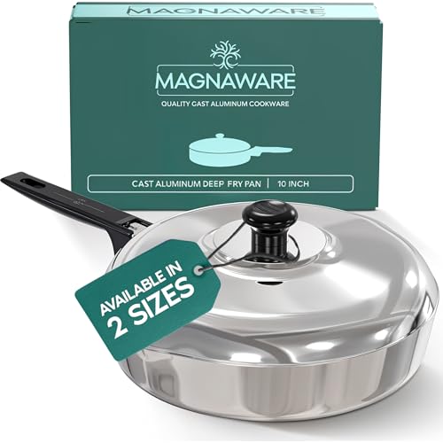 MAGNAWARE Cast Aluminum Saut Pan with Lid 10 inch - Oven Safe Deep Frying Pan with Lid Two Side Spouts and Ergonomic Stay-Cool Handle for Comfortable Grip and Pouring (3 Quart)