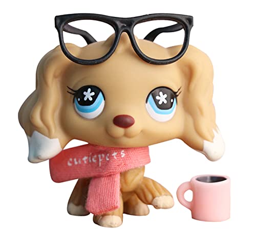 MiniPets lps Cocker Spaniel 748, lps Dog Tan with Blue Flower Eyes with lps Accessories Scraf Glasses Coffee Kids Gift