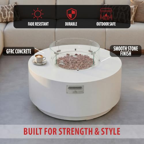 Image of AMS Round Concrete GFRC Propane Gas Fire Pit Table Bundle (Cream White)