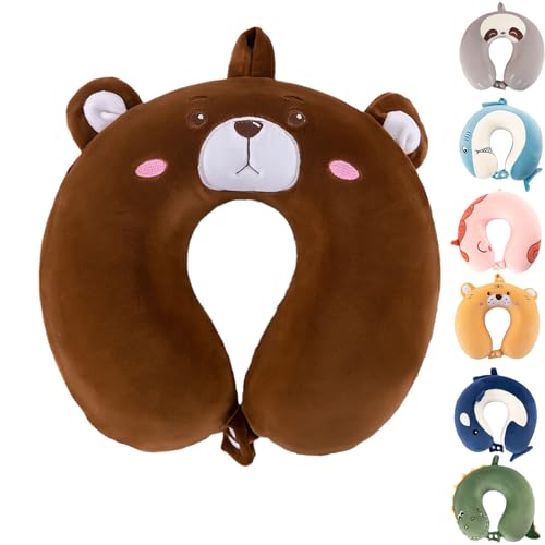 Image of Kids Neck Pillow for Traveling, Upgraded Cartoon Cute Travel Neck Pillow for Kids Boys & Girls, Airplane Memory Foam Travel Pillow for Flight Headrest Sleep, Portable Plane Accessories(Bear)