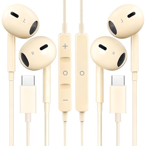 2 Packs USB C Headphones for iPhone 16/15 Phone Earbuds with Microphone & Volume Control HiFi Stereo Type C Earphones for Galaxy S23/S22/S21/S20/Ultra Note 10/20, for Pixel 7/6/6a/5/4,for OnePlus 9 8