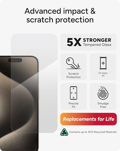 Image of ZAGG Glass Elite iPhone 15 Pro Screen Protector - 5X Stronger with Reinforced Edges, Scratch & Smudge-Resistant Surface, InvisibleShield, Easy to Install