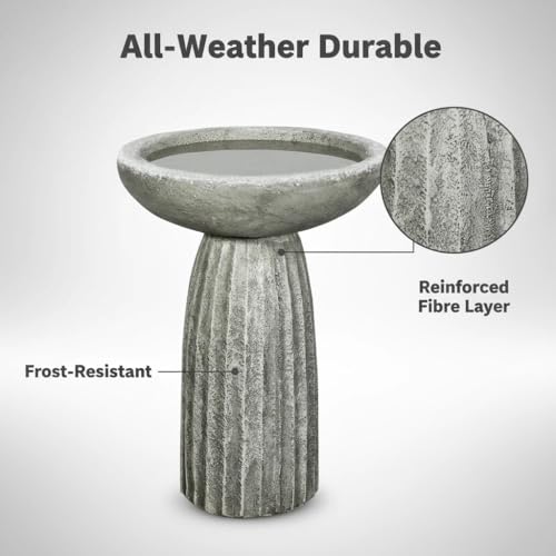 Image of SunJet Modern Bird Bath, 24.4inches Height Fibre-Reinforced Concrete Birdbath with Textured Pedestal for Outdoor Garden, Yard, Lawn Decor