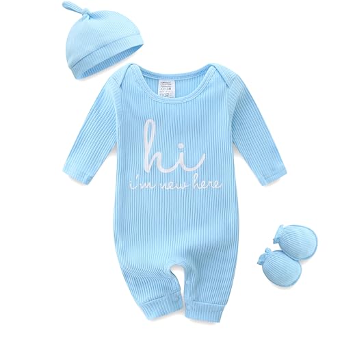 Hikido Baby Boy Clothes Sky Blue Girls Bodysuits Print hi im new here newborn Letter Personality Ribbed Footless Romper