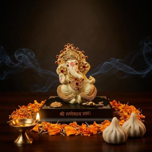 Image of Ganesha Idol for Home Decor | 4.25 Inch Golden Ganpati Murti with Stone Work | Resin Ganesh Ji Idol for Car Dashboard, Office Desk & Pooja Room | Vastu Decorative Statue (176g)