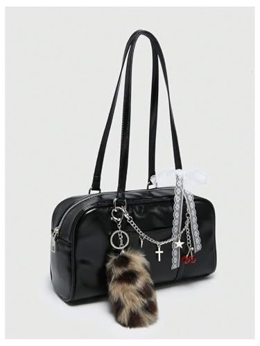 Verdusa Women's Y2K PU Leather Bow Tie and Pearl Lace Solid Shoulder Handbag2