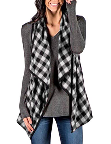 Women Vest Jacket Draped Open Front Plaid Sleeveless Shawl Gilet Cardigan Coat Grey L