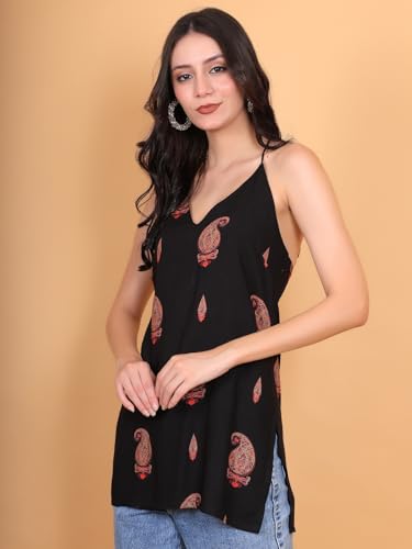 Image of FIMS - Fashion is my style Rayon Short Kurti for Women, Ethnic Printed, Black Sleeveless Kurtis, Summer Wear, Ideal Gift for Girls