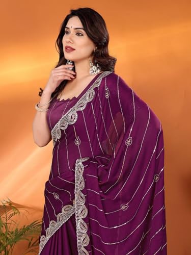 Image of Womens Crunchy Saree With Stone And Zari Work And Scalloped Cut Work On The Border With Blouse 5.5 Meter Saree 0.8 Meter Unstitched Blouse Piece