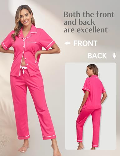 Image of COLORFULLEAF Women's 100% Cotton Pajamas Set Button Down Sleepwear Short Sleeve Shirt and Long Pants Soft Ladies Lounge Sets