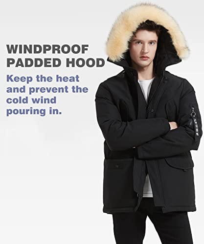 Puremsx Heavy Parka Jacket For Men, Winter Ski Thicken Jacket Coat, Fur Hood Snowboarding Hiking Down Jacket, Windproof Insulated Parkas Coat, New Year Gift For Men,Black,Large #TOP3