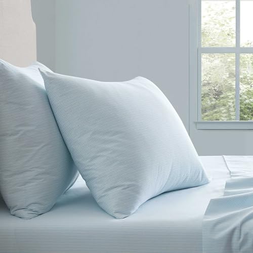 Image of Martha Stewart - Queen Size Sheets Set, Crisp & Tailored Cooling Sheets w /a Naturally Smooth Cotton Percale Lightweight Feel - Bed Sheets with Matching Pillowcases & Fitted Sheet (Stripe Blue)
