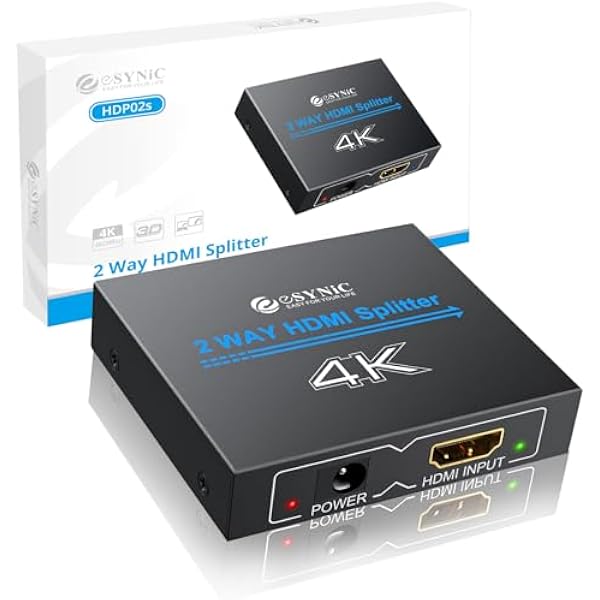 eSynic Rozdzielacz HDMI 4K/30HZ 2-drożny rozdzielacz HDMI 1 wejście, 2 wyjścia HDMI 1.4 Hdcp Bypass Splitter HDMI Splitter Podwójny monitor obsługuje 4K i Full HD do HDTV, PS4, odtwarzacza Blu-ray,