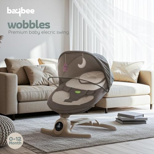 Image of Baybee Wobbles Electric Baby Cradle and Swing | Baby Relaxing Swing Jhula with Adjustable Speed & Timer | Rocker for Babies with Music, Canopy & Mosquito Net, Automatic Cradle for New Born Baby (Grey)