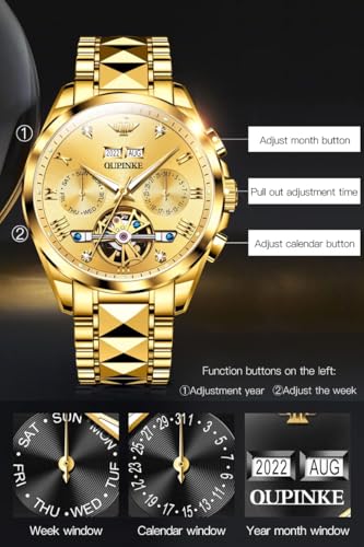 Image of OLEVS Self Winding Watches for Men Automatic Mechanical Skeleton Luxury Dress Waterproof Moon Phase Tourbillon Chronograph Stainless Steel Luminous Wristwatch