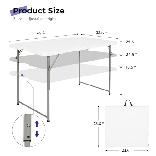 Image of Byliable Folding Table 4 Foot Portable Heavy Duty Plastic Fold-in-Half Utility Table Small Indoor Outdoor Adjustable Height Folding with Carrying Handle, Camping and Party,White