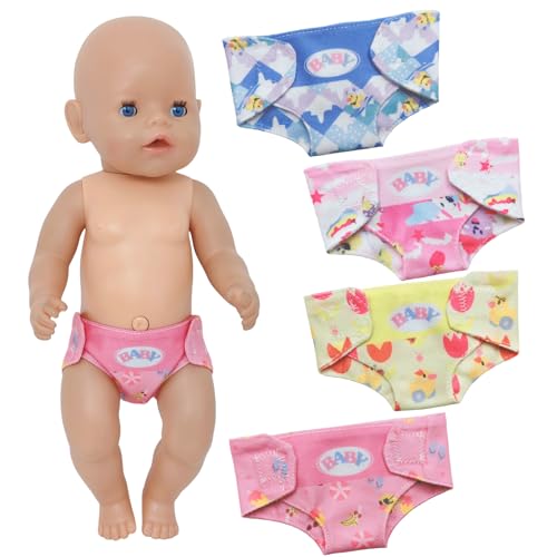 4 Pack Baby Doll Nappies for 14-18 Inch Dolls Newborn Baby Doll Diapers for Dolls 30/43/45 cm 4 Different Cute Patterns and Styles Reusable Doll Nappies Baby Doll Accessories Gifts for Children