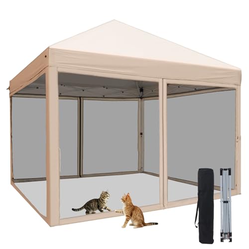 ワンタッチタープテント 2.5m×2.5m 蚊帳テント 3段階高さ調節可能 UVカット 防水 スチールフレーム 防虫ネットスクリーン付き ロープ&ペグ付属 アウトドア キャンプ ピクニック ビーチ ベージュ