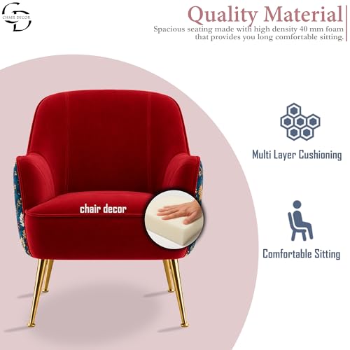 Image of Accent Chair with Ottoman | Modern Velvet Lounge Chair with Floral Designer Back | Upholstered Armchair for Living Room, Bedroom & Cafe | Golden Legs (Red Floral)