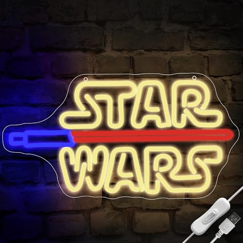 Image of Wars Neon Sign for Wall Decor Lightsaber Movie Neon Light for Man Cave Dimmable Gaming LED Sign for Game Room Boys Bedroom Dorm Bar Party Birthday Gifts for Men Teen Fans Size 16.5 * 8.6 in(XD107)