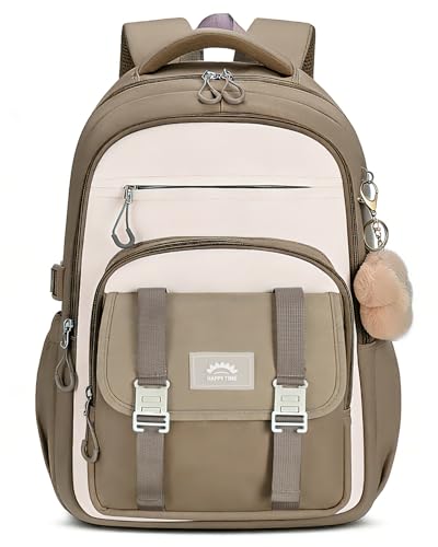 Amythe Mochila Adolescente Chica, Mochilas Escolares Grandes para Niñas de 10 a 16 años, Mochila Instituto Impermeable Bolsa Tipo Casual con Correa para Carrito, Caqui