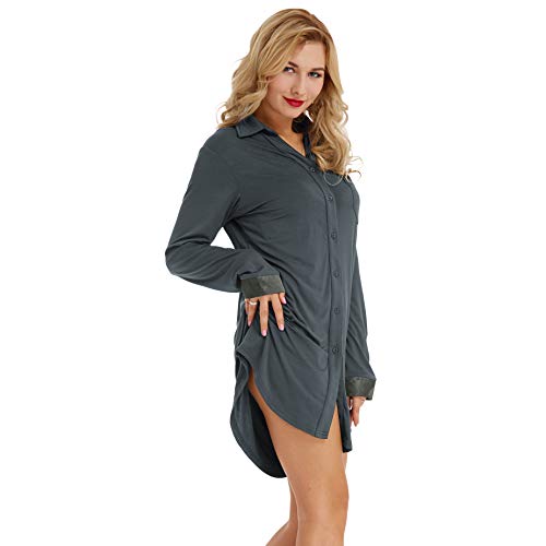 Zexxxy Women Button Down Pajama Lapel Sleep Shirt Long Sleeve Pajama Shirt Soft Cotton Night Shirt Dark Grey M