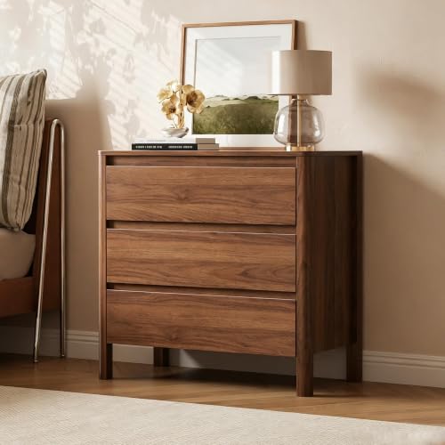 Image of Furniway Walnut 3 Piece Bedroom Set, 5 Drawer Dresser and Nightstands | Includes two 3 drawer nightstands with a Mid Century Modern handleless wood grain design for coordinated bedroom storage