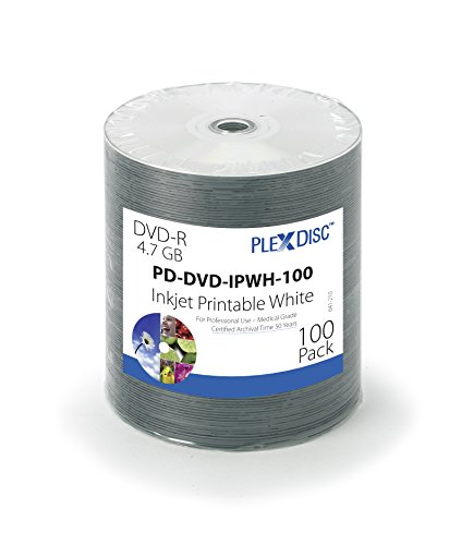 Dvd-R PlexDisc DVD-R, 100 Unidades, 16x, 4.7GB, Imprimible por Inyección de Tinta, Blanco Mate