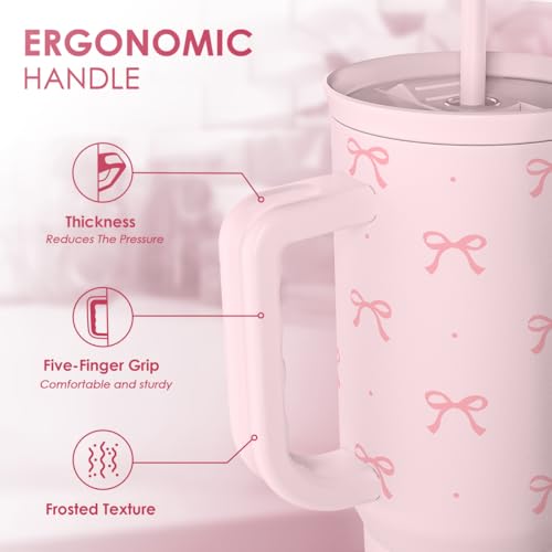Image of SANDJEST Gift for Women Girls - Coquette Bow Stainless Steel Tumbler with Handle, Travel Coffee Mug - Gifts for Birthday Christmas, 40oz