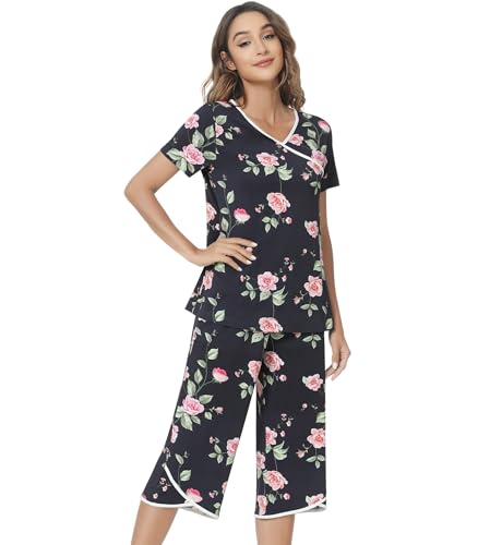 Image of NACHILA Bamboo Viscose Pajamas for Women Lace V Neck Capri Pants Pjs Set