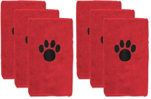 Image of Bone Dry Pet Grooming Towel Collection Embroidered Absorbent Microfiber Drying Set, 15x30, Red, 3 Count (Pack of 2)