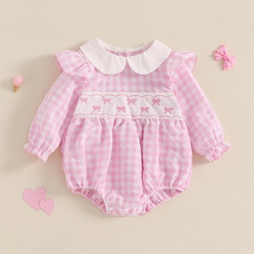 Adobabirl Infant Baby Girl Outfit Newborn Bow Bubble Romper Long Sleeve Embroidery Jumpsuit Cute Smocked Clothes2