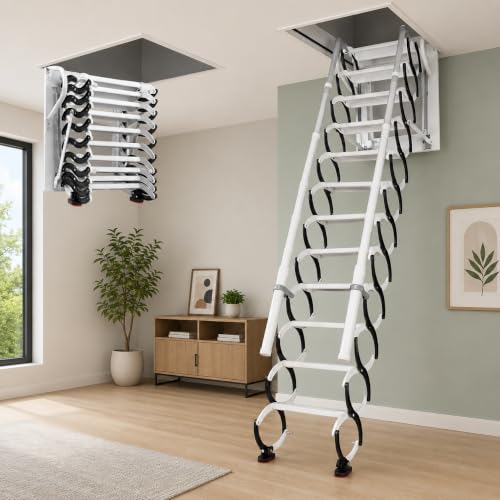 3000LBS Attic Ladder Loft Ladders with Handrails 12 FT Wall Mounted Retractable Attic Stairs Telescopic Fold Loft Ladder for Lofts with Anti-Slip Steps & Safety Lock for Home & Storage Room Access
