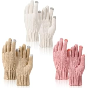 3 Pairs Touch Screen Gloves for Women Winter Thermal Warm Knitted Gloves Elastic Touchscreen Smartphone Glove for Working Driving Running Outdoor Activities, White, Pink, Apricot Yellow