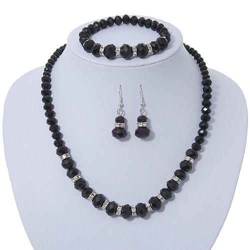 Conjunto de Collar y Pendientes de Cristal Negro Vidrio Gargantilla con Pulsera Flexible Mujer 2