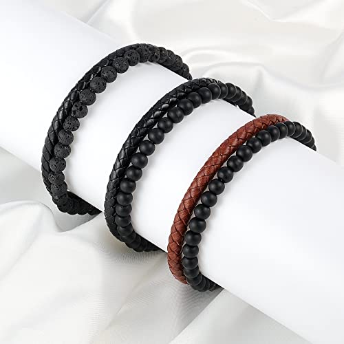 Luxejew Lava Rock Bracelets For Men, Black Leather Lava Rock Stone Beaded Bracelets For Men Stress Relief Anxiety Healing Bracelets For Men Mens Leather Beaded Bracelets Mens Bracelets Jewelry Gifts #TOP6