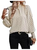 GORGLITTER Women's Polka Dots Puff Long Sleeve Blouses Mock Neck Frill Trim Vintage Elegant Shirts Apricot Medium