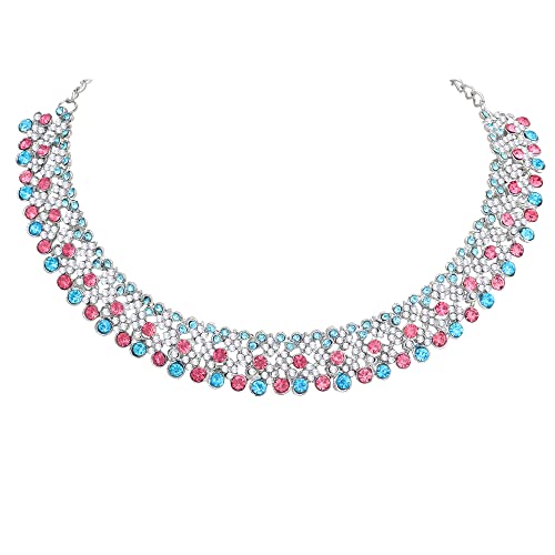Image of Atasi International Splendid Silver Plated Alloy Choker Necklace Set for Women (PINK + AOUA BLUE)