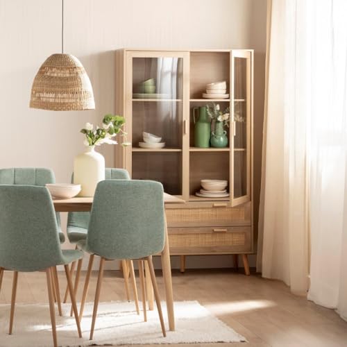KLAST Vitrina en Madera y ratán Natural con Dos Puertas acristaladas, Tres estantes y Dos cajones para Almacenamiento. Medidas: 100 cm x 170 cm - imagen 6