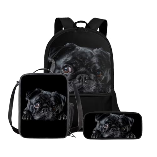Set di zaino per la scuola e borsa per il pranzo per ragazze e ragazzi con astuccio 3 pezzi con doppia cerniera Cane Carlino Taglia unica Set di zaini per la nero