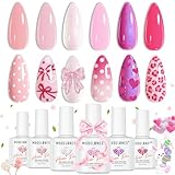 modelones Pink Gel Nail Polish Set,Hema-Free Light Pink White Hot Pink Gel Polish Kit Magenta Purple Shimmer LED 6 Colors 2026 Spring Easter Nail Art Gift Salon DIY Starter Kit