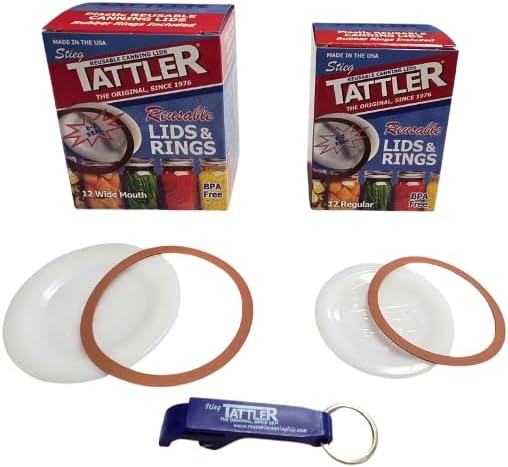 Tattler E-Z Seal Reusable Canning Lids and Rings Set, 1 Dozen Regular Mouth + 1 Dozen Wide Mouth, BPA Free, USA Made, Includes Free Jar Opener!