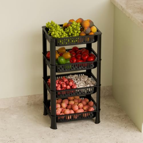 Image of Multipurpose Plastic Storage Rack for Kitchen | Foldable Vegetable & Fruit Organizer Stand for Onion, Potato, Sabji | Countertop Multi-Layer Basket Rack for Home, (Black, 4 layer)