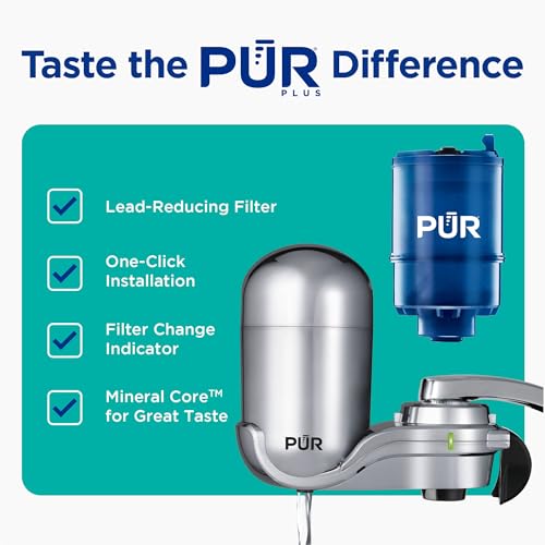 PUR PLUS Vertical Faucet Mount Water Filtration System, Lead-Reducing Filter, Great-Tasting Water, Easy Install, Lasts 100 Gallons, Compatible with Sinks with External Aerators, Chrome