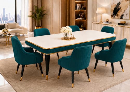Image of WOODEN SPACE 6-Seater Wooden Dining Table Set | Nano Composite Marble Top | Solid Wood Base | Modern Dining Room Furniture with 6 Chairs (Sea Blue Modern Zyro)