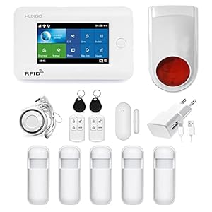 HUXGO HXA006 Wireless Alarm System WiFi + GSM Module with 5 Motion Sensors and Wireless Siren – Motion Sensor with Alarm – Home Alarm System – Wireless Motion Sensor with Receiver