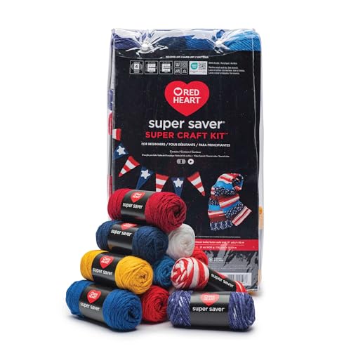 Image of Red Heart Super Saver Yarn Super Craft Kit America,with 50 Countg /1.7 oz. 4 Medium Worsted Yarn for Knitting & Crocheting,12 Colors,Perfect for Chunky Sweaters,Blankets,Amigurumi,50 Count (Pack of 10)