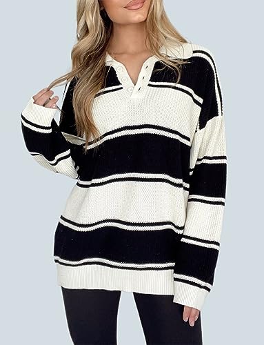 Image of Women Striped Button V Neck Collared Oversized Knitted Long Sleeve Pullover Sweater Tops White
